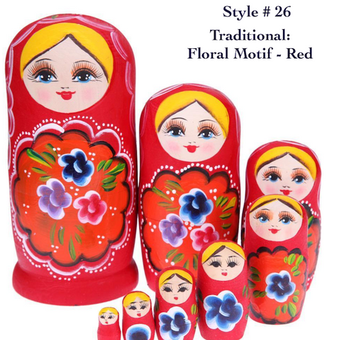 Floral motif red Nesting Dolls S/8